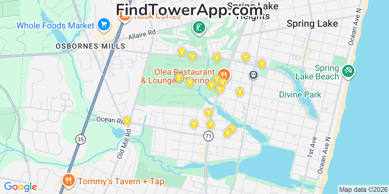 Map showing the 20 primary cell tower locations detected in Spring Lake Heights, New Jersey from AT&T, Verizon, and T-Mobile networks