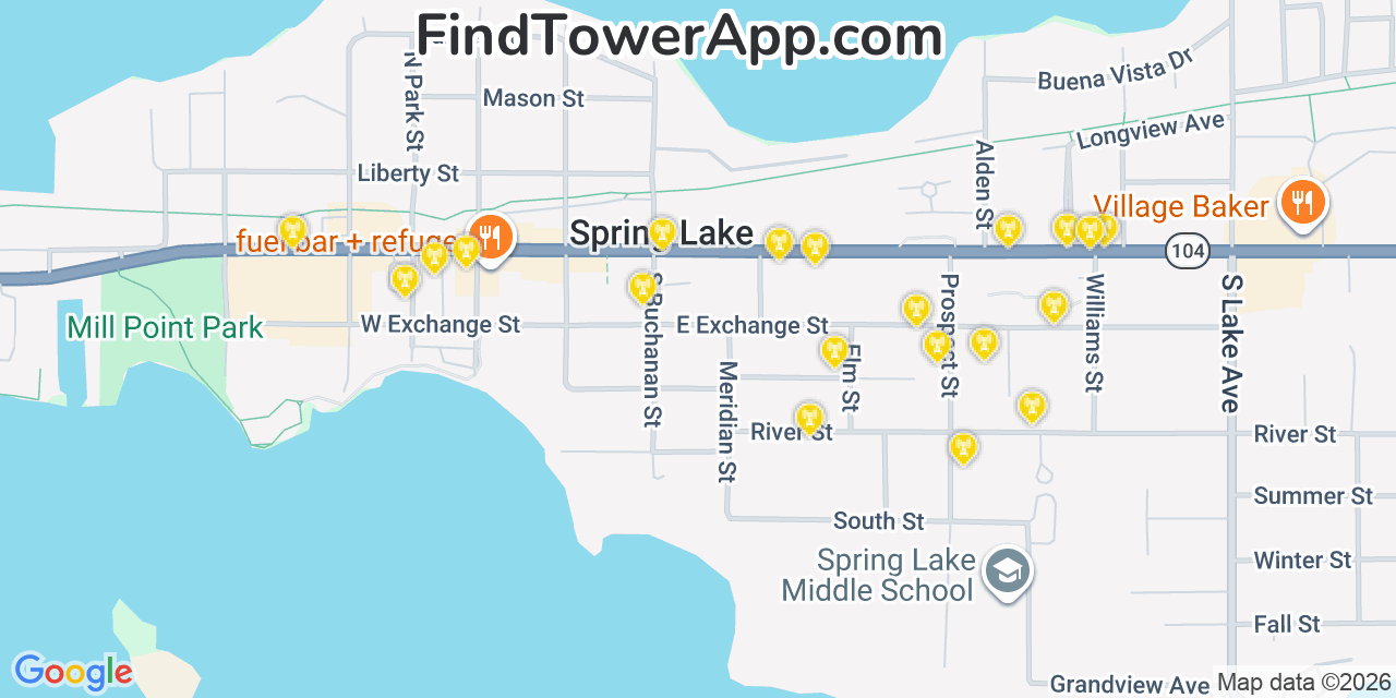 Map showing the 20 primary cell tower locations detected in Spring Lake, Michigan from AT&T, Verizon, and T-Mobile networks