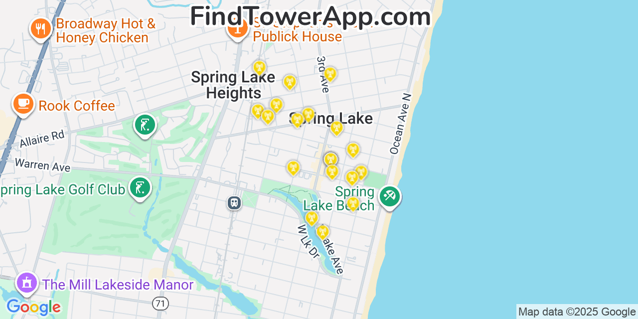 Map showing the 20 primary cell tower locations detected in Spring Lake, New Jersey from AT&T, Verizon, and T-Mobile networks