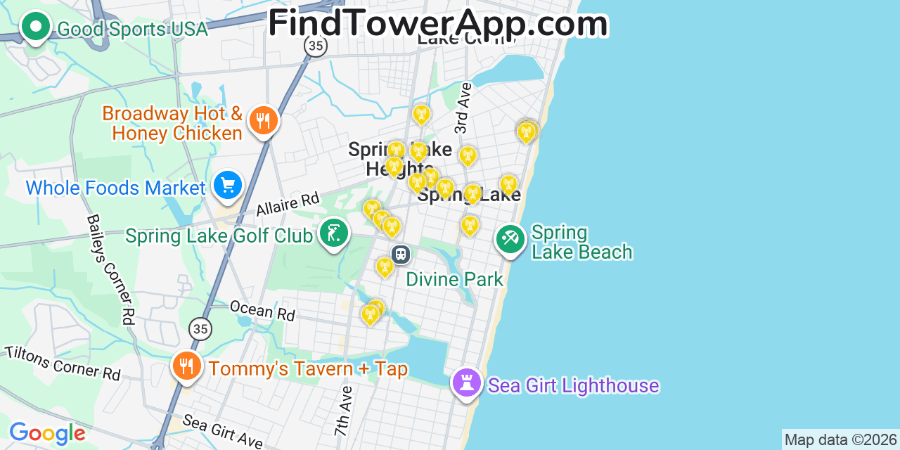 Map showing the 20 primary cell tower locations detected in Spring Lake, New Jersey from AT&T, Verizon, and T-Mobile networks