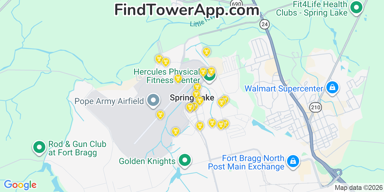 Map showing the 20 primary cell tower locations detected in Spring Lake, North Carolina from AT&T, Verizon, and T-Mobile networks