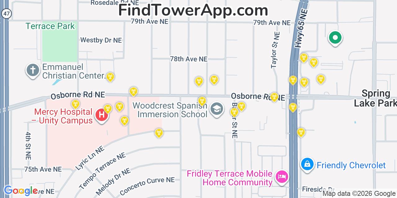 Map showing the 20 primary cell tower locations detected in Spring Lake Park, Minnesota from AT&T, Verizon, and T-Mobile networks