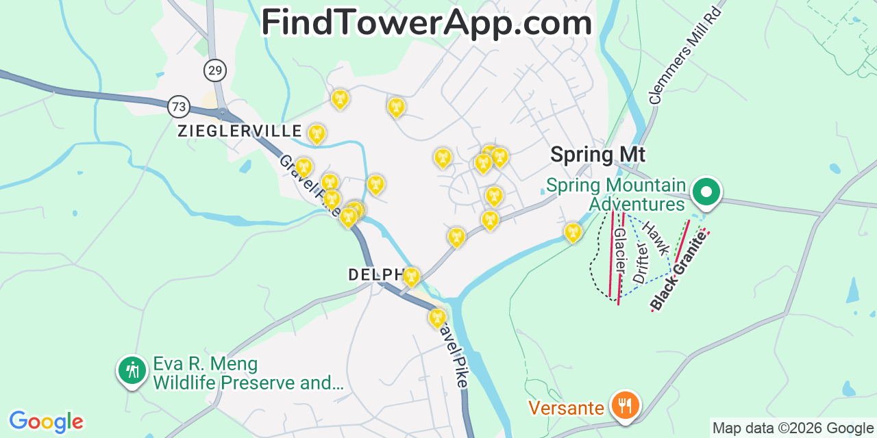 Map showing the 20 primary cell tower locations detected in Spring Mount, Pennsylvania from AT&T, Verizon, and T-Mobile networks