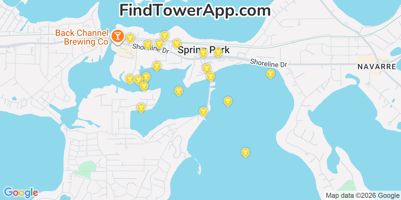 Map showing the 20 primary cell tower locations detected in Spring Park, Minnesota from AT&T, Verizon, and T-Mobile networks