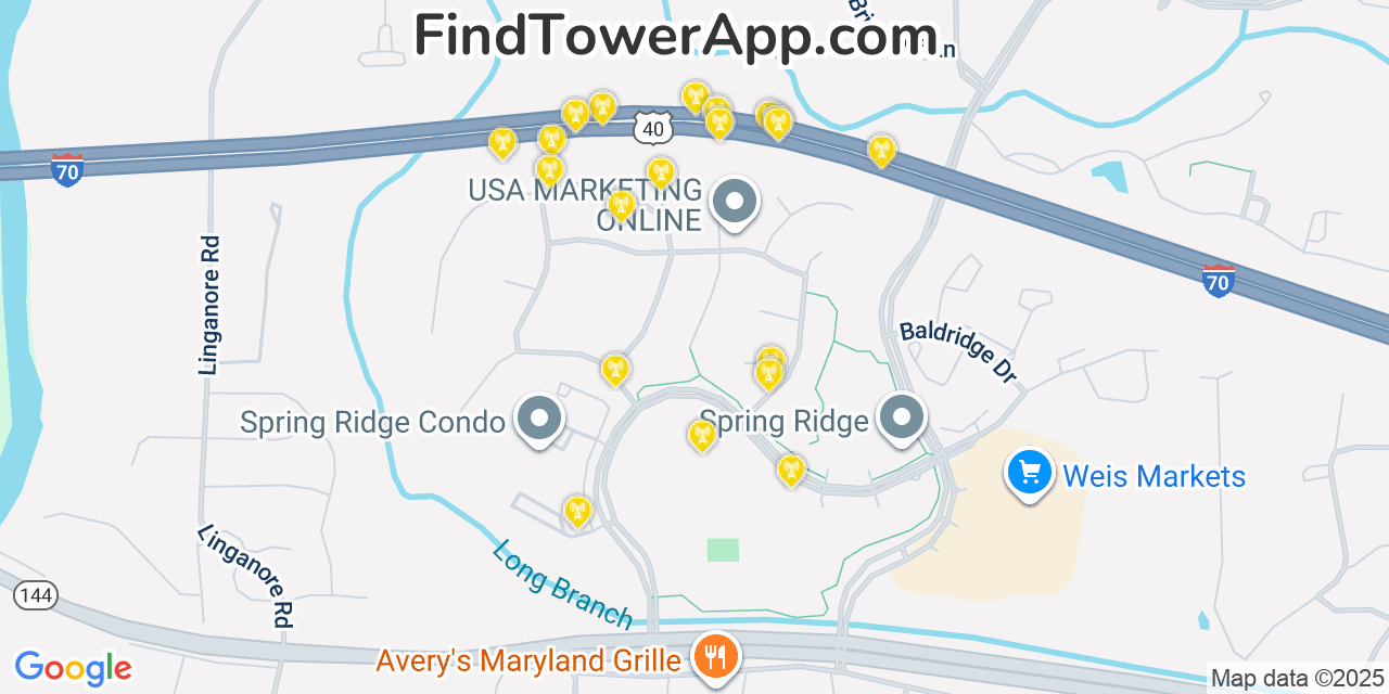Map showing the 20 primary cell tower locations detected in Spring Ridge, Maryland from AT&T, Verizon, and T-Mobile networks