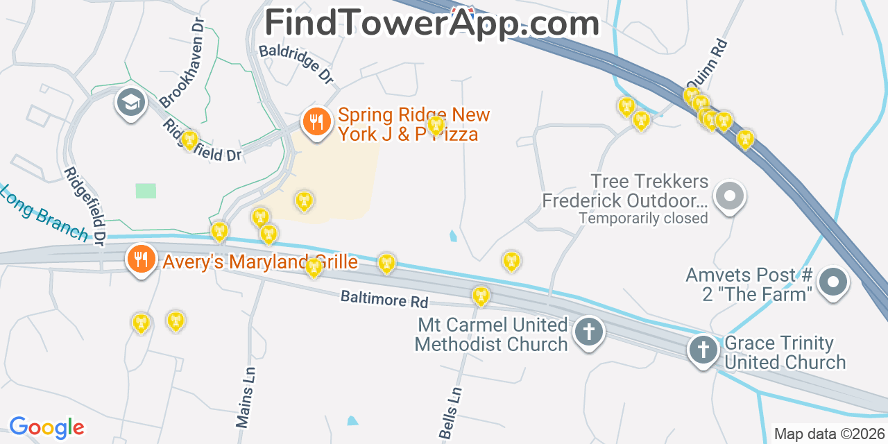 Map showing the 20 primary cell tower locations detected in Spring Ridge, Maryland from AT&T, Verizon, and T-Mobile networks