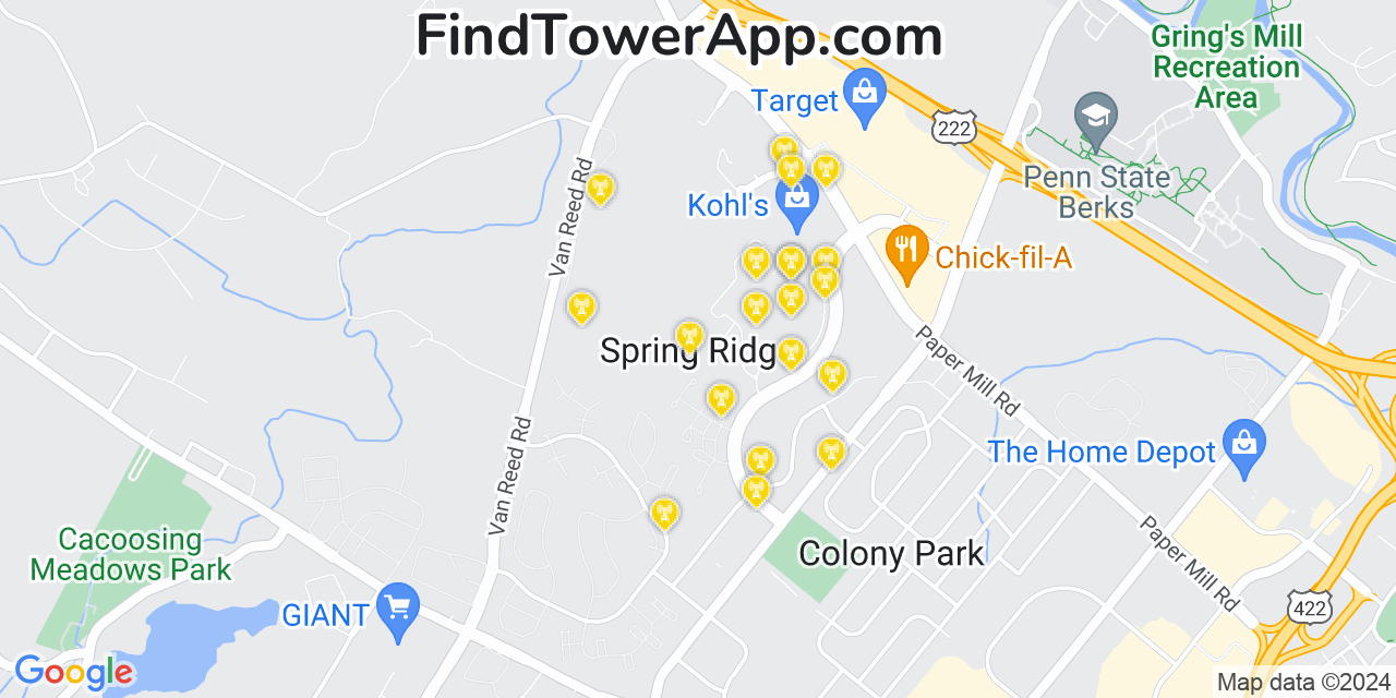 AT&T 4G/5G cell tower coverage map Spring Ridge, Pennsylvania