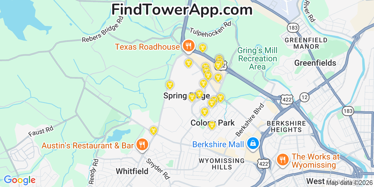 Map showing the 20 primary cell tower locations detected in Spring Ridge, Pennsylvania from AT&T, Verizon, and T-Mobile networks