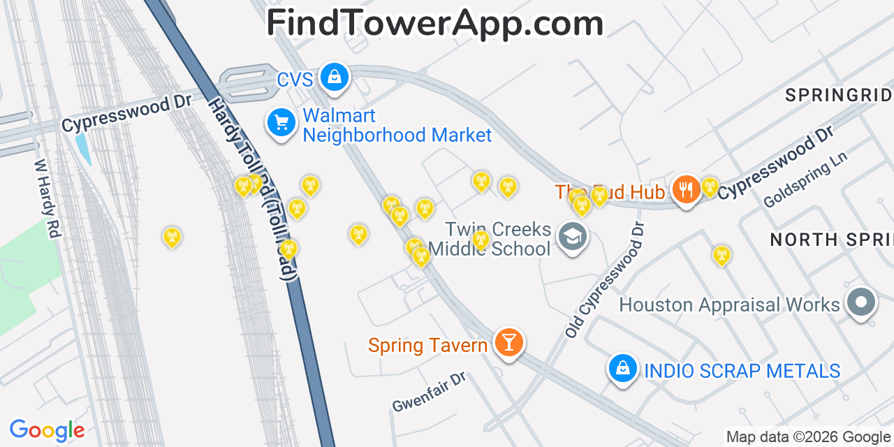 Map showing the 20 primary cell tower locations detected in Spring, Texas from AT&T, Verizon, and T-Mobile networks