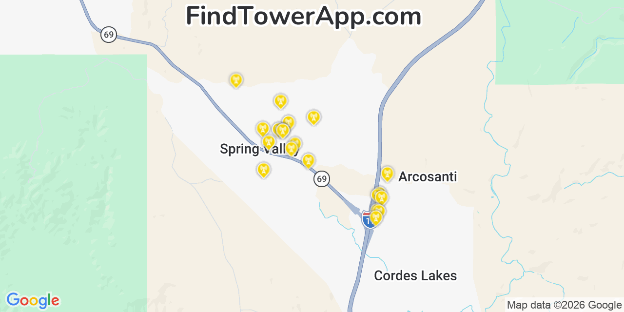Map showing the 20 primary cell tower locations detected in Spring Valley, Arizona from AT&T, Verizon, and T-Mobile networks