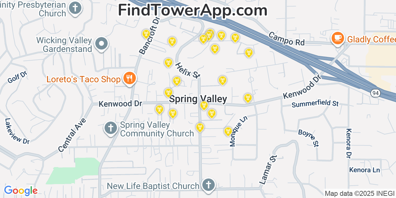 Map showing the 20 primary cell tower locations detected in Spring Valley, California from AT&T, Verizon, and T-Mobile networks