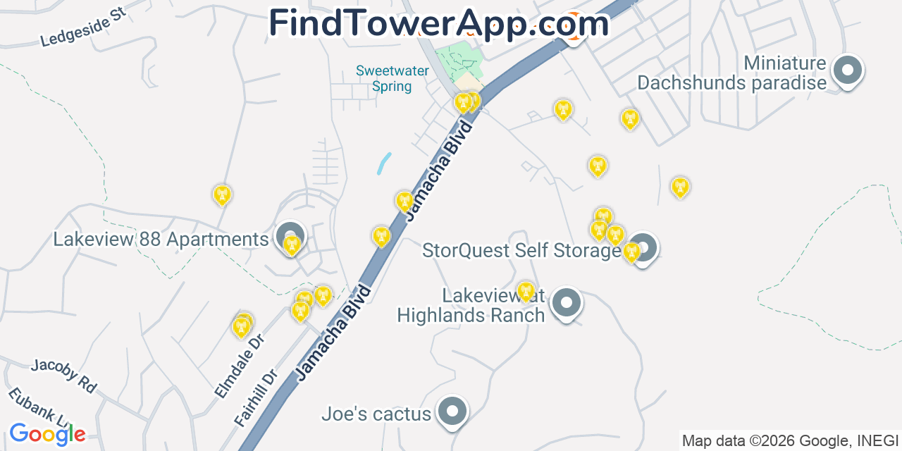 Map showing the 20 primary cell tower locations detected in Spring Valley, California from AT&T, Verizon, and T-Mobile networks