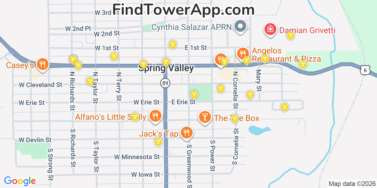 Map showing the 20 primary cell tower locations detected in Spring Valley, Illinois from AT&T, Verizon, and T-Mobile networks