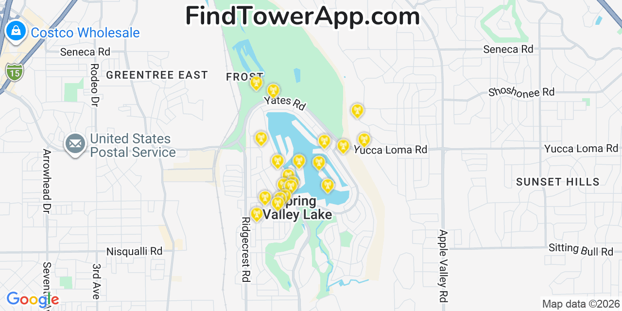 Map showing the 20 primary cell tower locations detected in Spring Valley Lake, California from AT&T, Verizon, and T-Mobile networks
