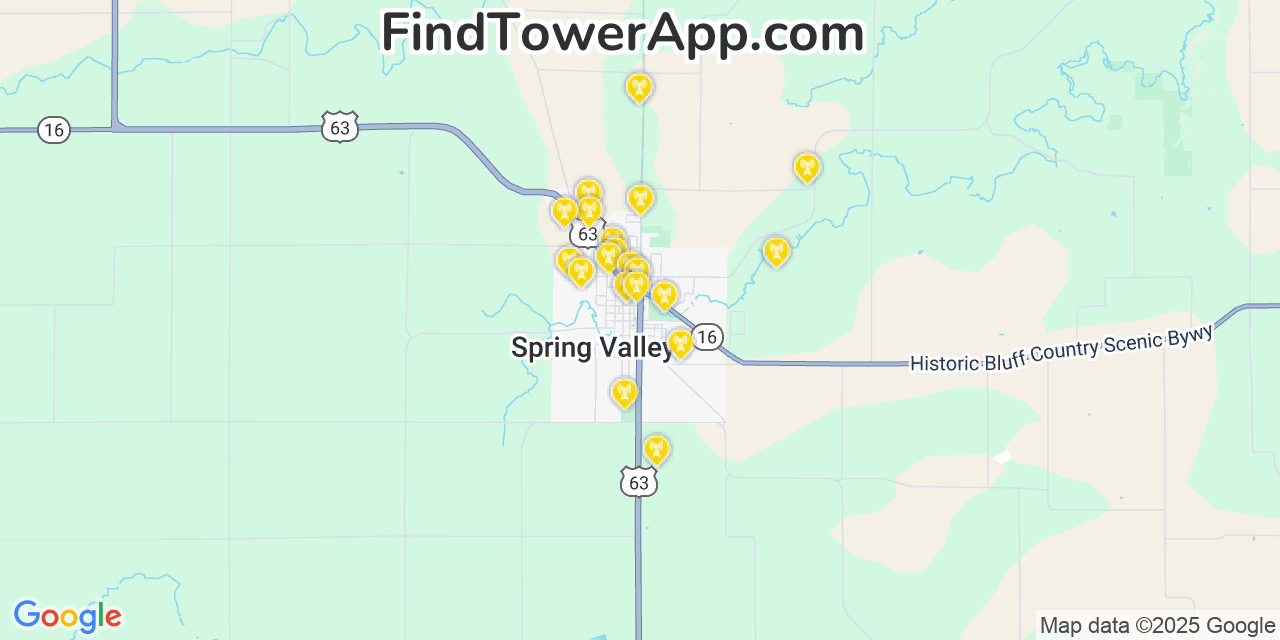 Map showing the 20 primary cell tower locations detected in Spring Valley, Minnesota from AT&T, Verizon, and T-Mobile networks