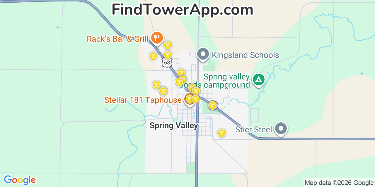 Map showing the 20 primary cell tower locations detected in Spring Valley, Minnesota from AT&T, Verizon, and T-Mobile networks