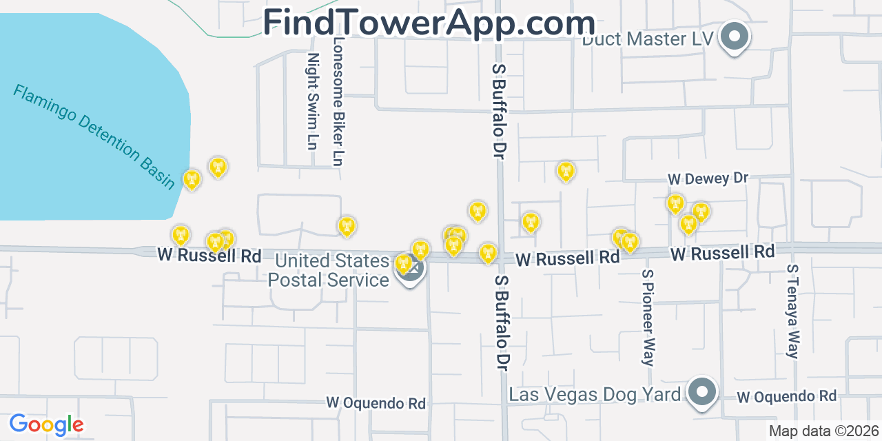Map showing the 20 primary cell tower locations detected in Spring Valley, Nevada from AT&T, Verizon, and T-Mobile networks
