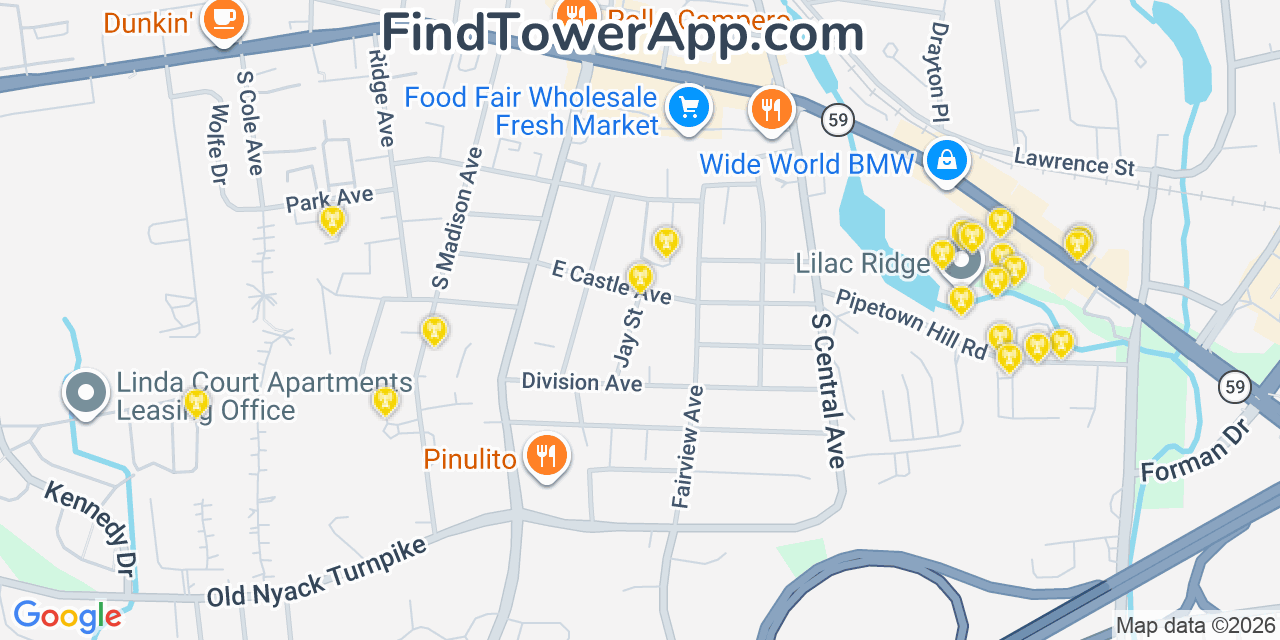 Map showing the 20 primary cell tower locations detected in Spring Valley, New York from AT&T, Verizon, and T-Mobile networks