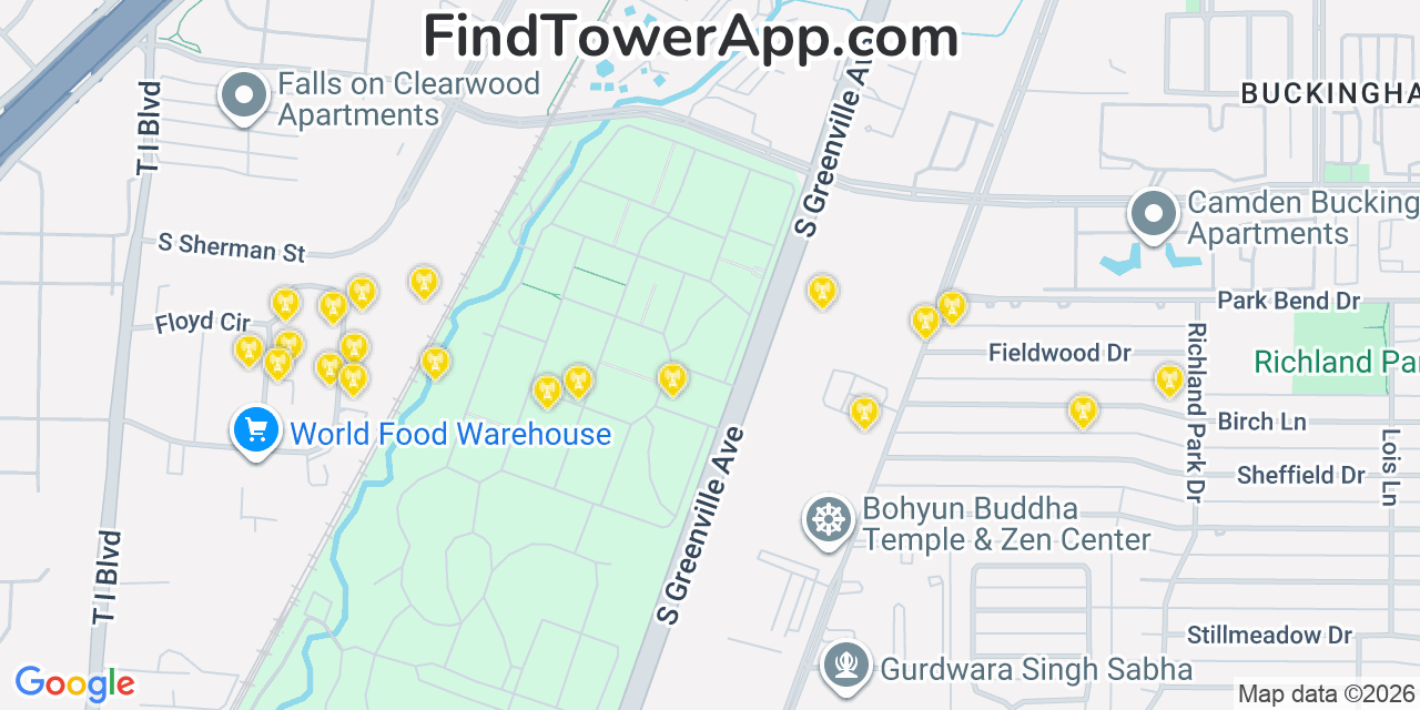 Map showing the 20 primary cell tower locations detected in Spring Valley, Texas from AT&T, Verizon, and T-Mobile networks