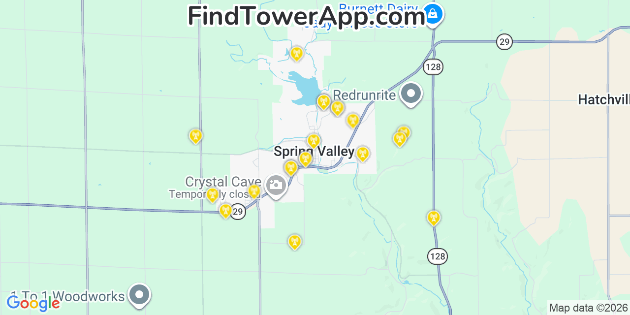 Map showing the 20 primary cell tower locations detected in Spring Valley, Wisconsin from AT&T, Verizon, and T-Mobile networks