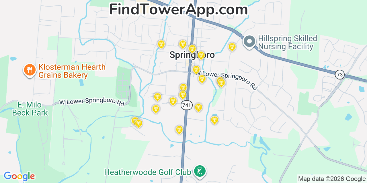 Map showing the 20 primary cell tower locations detected in Springboro, Ohio from AT&T, Verizon, and T-Mobile networks