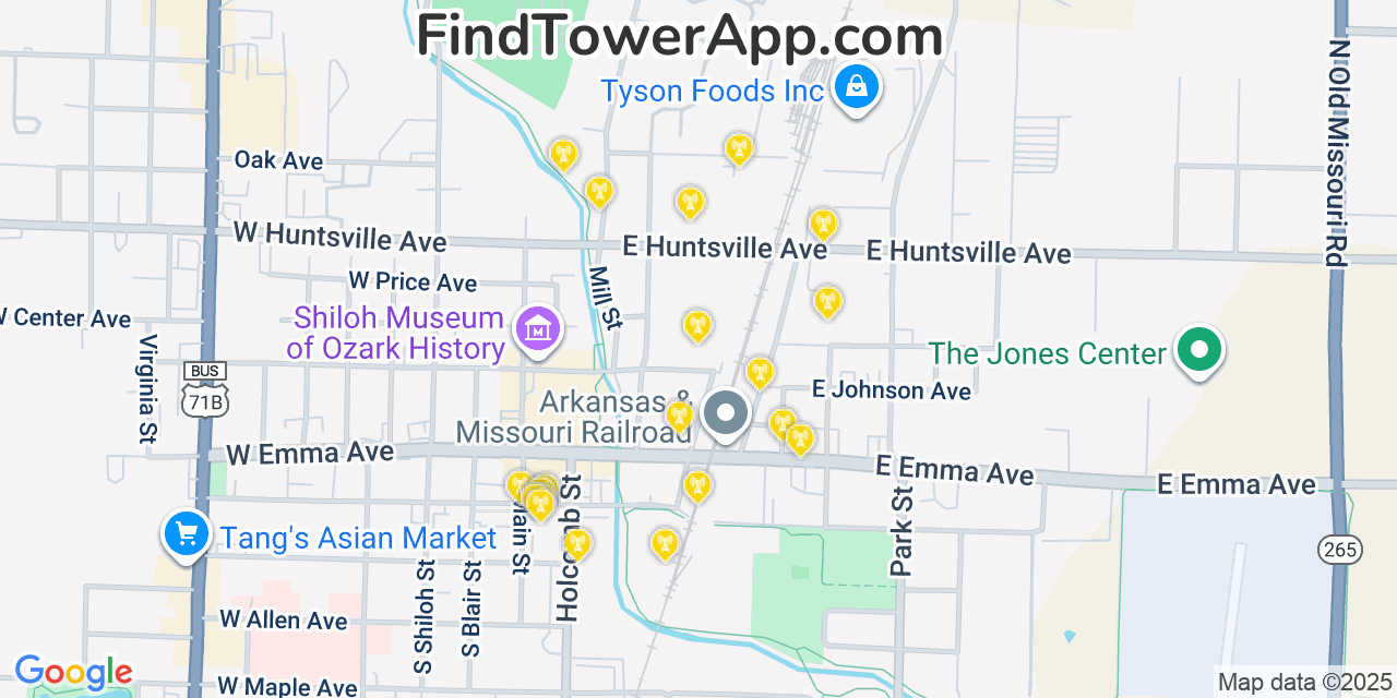 Map showing the 20 primary cell tower locations detected in Springdale, Arkansas from AT&T, Verizon, and T-Mobile networks