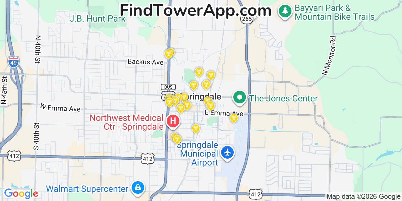 Map showing the 20 primary cell tower locations detected in Springdale, Arkansas from AT&T, Verizon, and T-Mobile networks