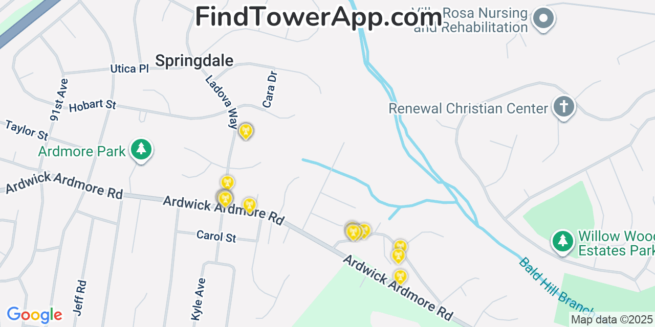 Map showing the 20 primary cell tower locations detected in Springdale, Maryland from AT&T, Verizon, and T-Mobile networks
