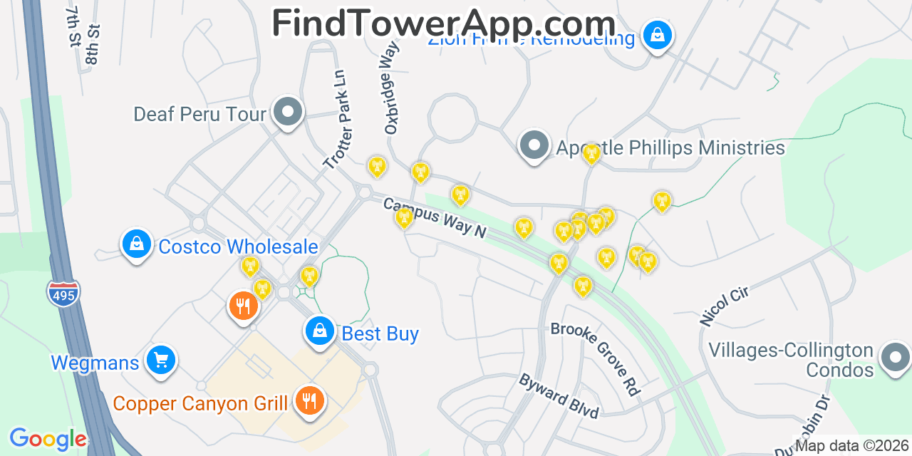 Map showing the 20 primary cell tower locations detected in Springdale, Maryland from AT&T, Verizon, and T-Mobile networks