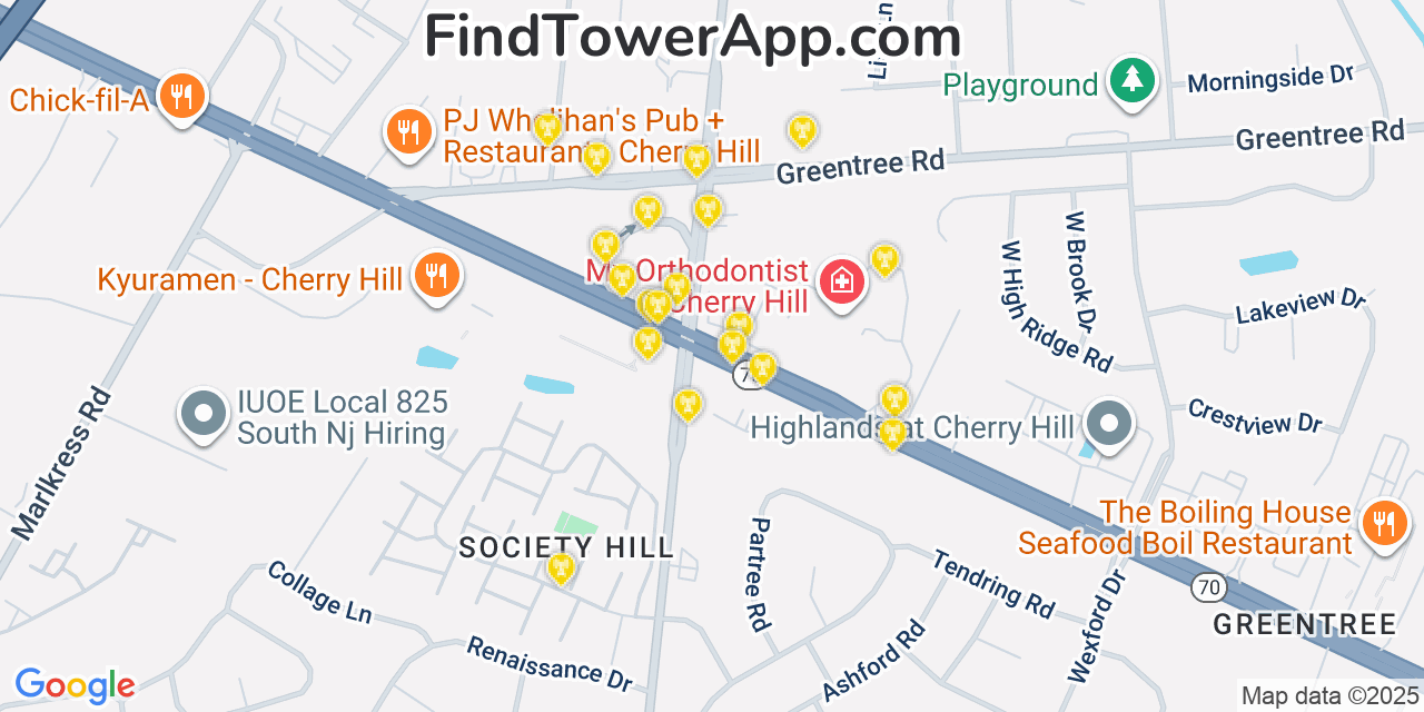 Map showing the 20 primary cell tower locations detected in Springdale, New Jersey from AT&T, Verizon, and T-Mobile networks