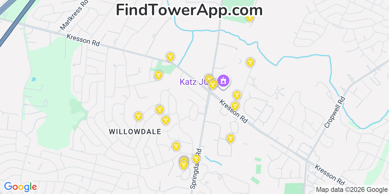 Map showing the 20 primary cell tower locations detected in Springdale, New Jersey from AT&T, Verizon, and T-Mobile networks