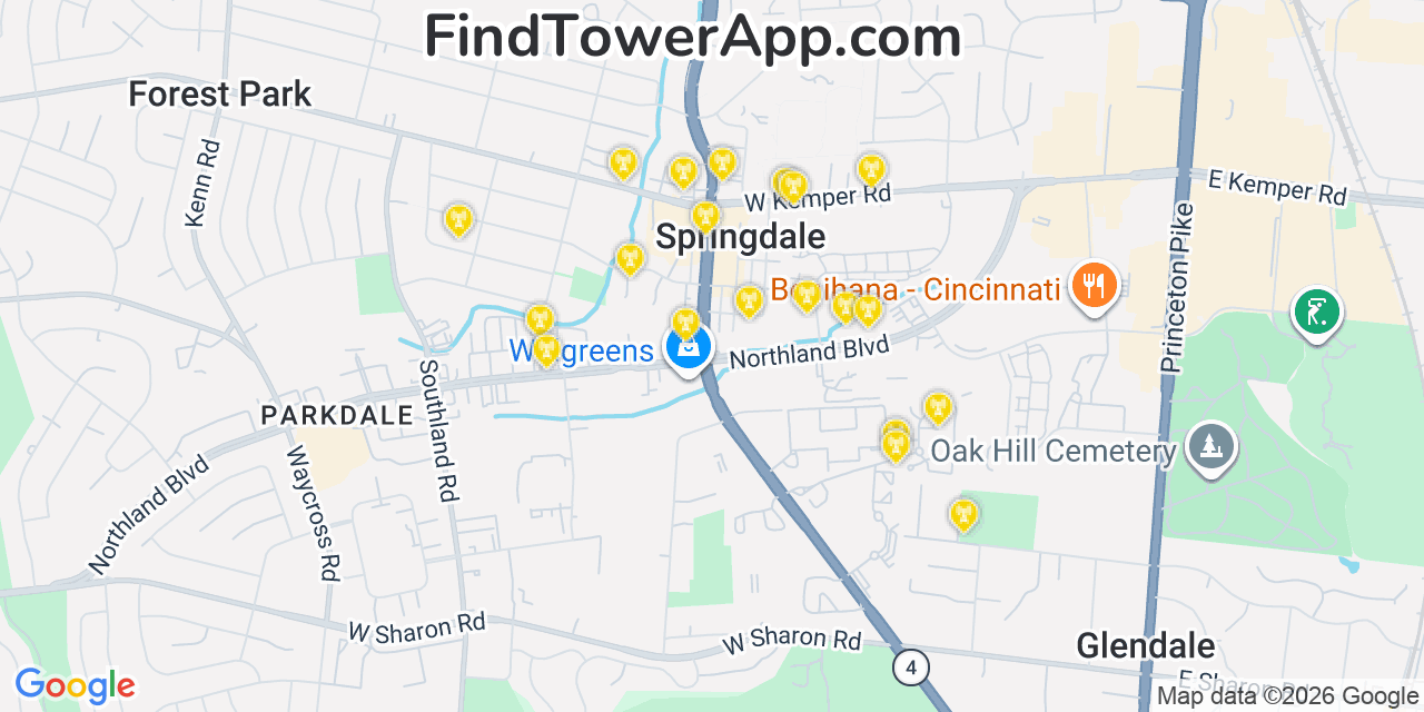 Map showing the 20 primary cell tower locations detected in Springdale, Ohio from AT&T, Verizon, and T-Mobile networks