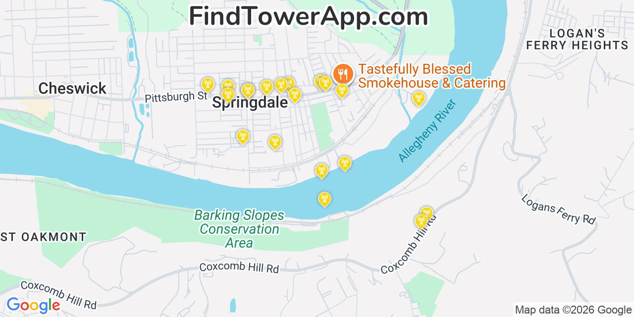 Map showing the 20 primary cell tower locations detected in Springdale, Pennsylvania from AT&T, Verizon, and T-Mobile networks