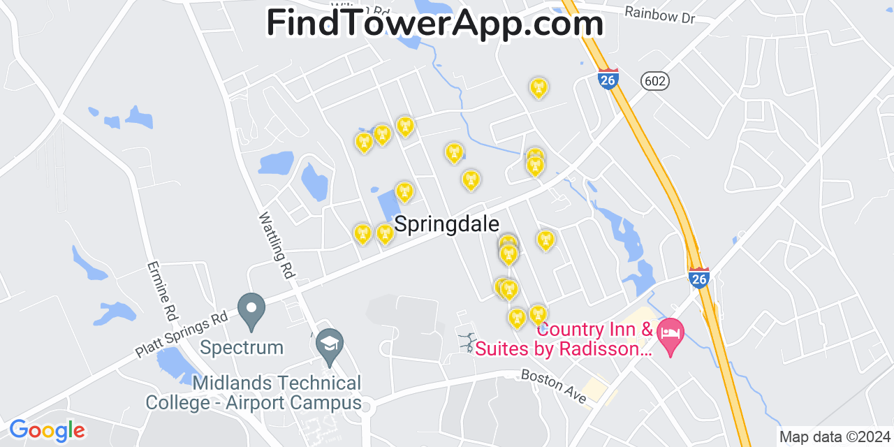 AT&T 4G/5G cell tower coverage map Springdale, South Carolina