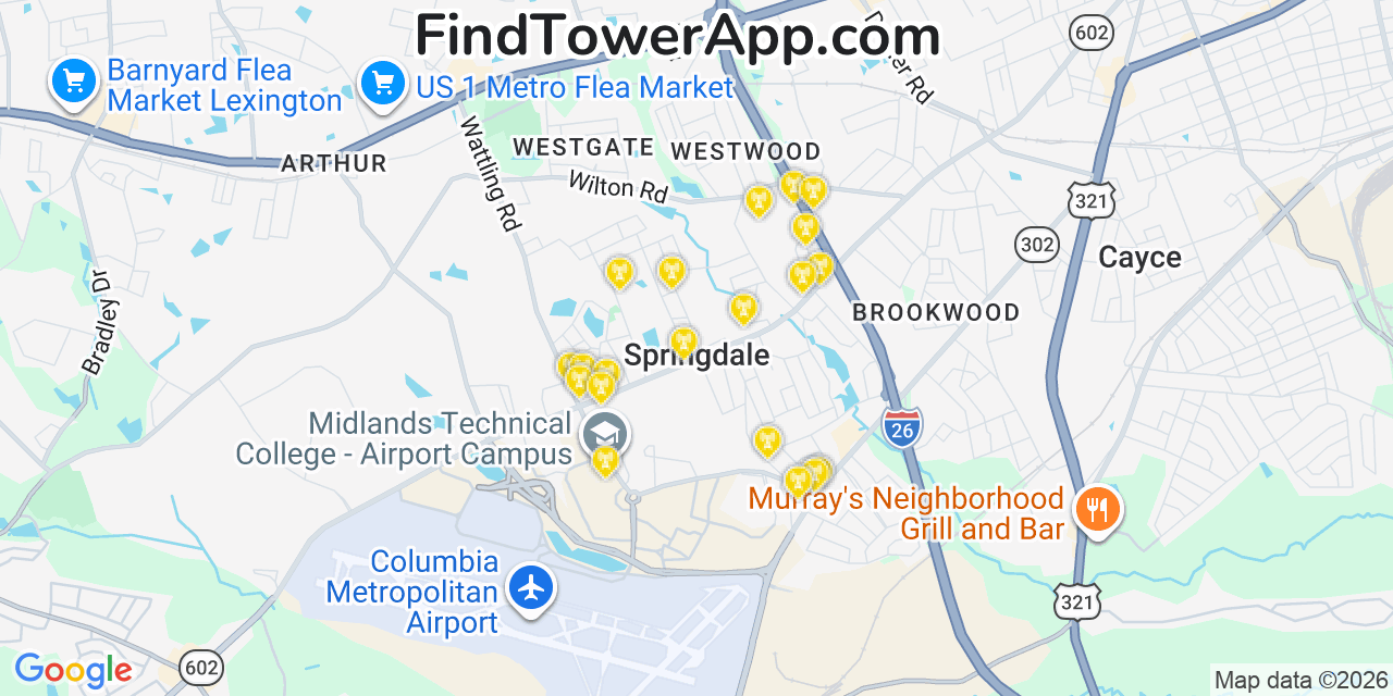Map showing the 20 primary cell tower locations detected in Springdale, South Carolina from AT&T, Verizon, and T-Mobile networks