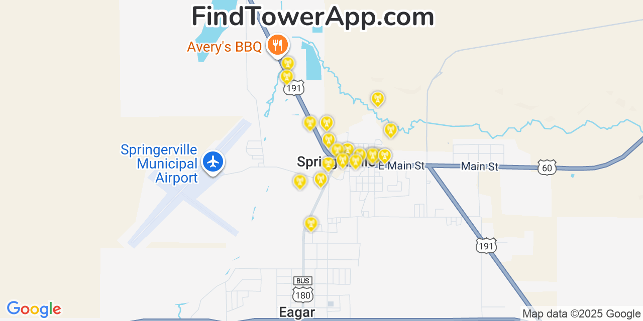 Map showing the 20 primary cell tower locations detected in Springerville, Arizona from AT&T, Verizon, and T-Mobile networks