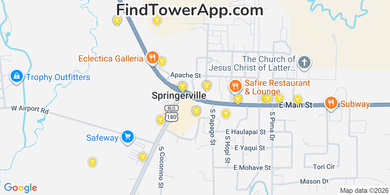 Map showing the 20 primary cell tower locations detected in Springerville, Arizona from AT&T, Verizon, and T-Mobile networks