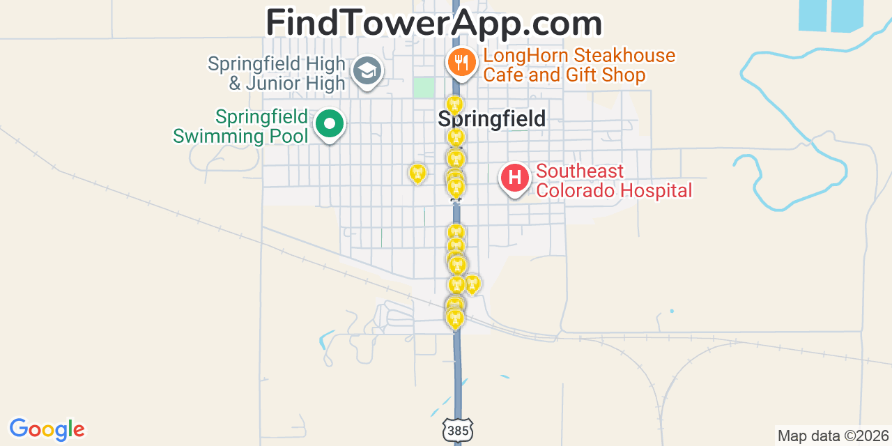 Map showing the 20 primary cell tower locations detected in Springfield, Colorado from AT&T, Verizon, and T-Mobile networks