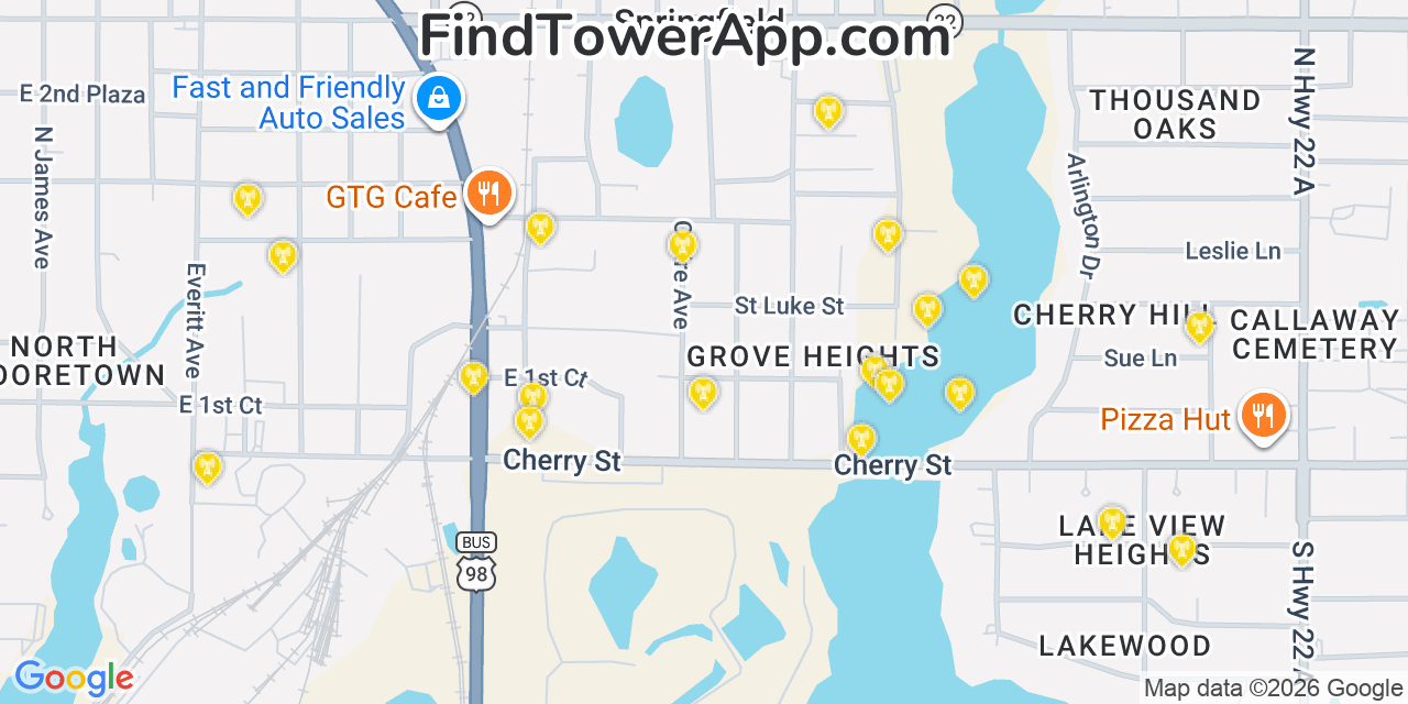 Map showing the 20 primary cell tower locations detected in Springfield, Florida from AT&T, Verizon, and T-Mobile networks