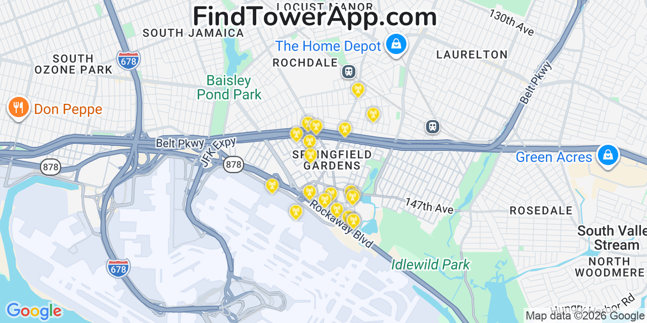 Map showing the 20 primary cell tower locations detected in Springfield Gardens, New York from AT&T, Verizon, and T-Mobile networks