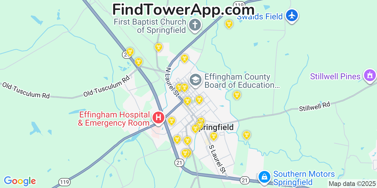 Map showing the 20 primary cell tower locations detected in Springfield, Georgia from AT&T, Verizon, and T-Mobile networks