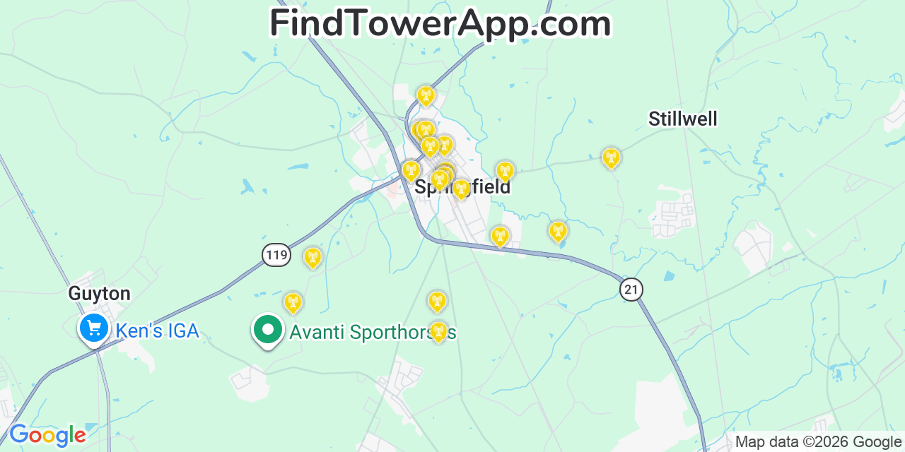 Map showing the 20 primary cell tower locations detected in Springfield, Georgia from AT&T, Verizon, and T-Mobile networks