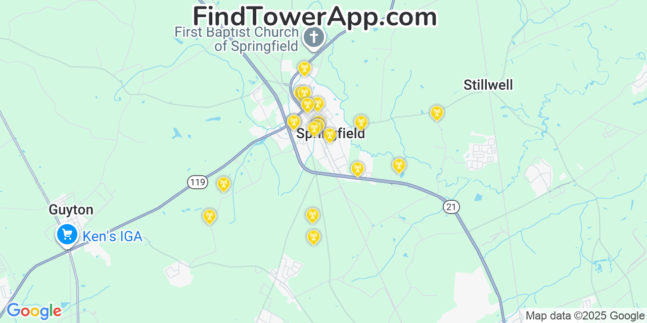 Map showing the 20 primary Mobitel cell tower locations detected in Springfield, Georgia with coverage radius and signal strength indicators
