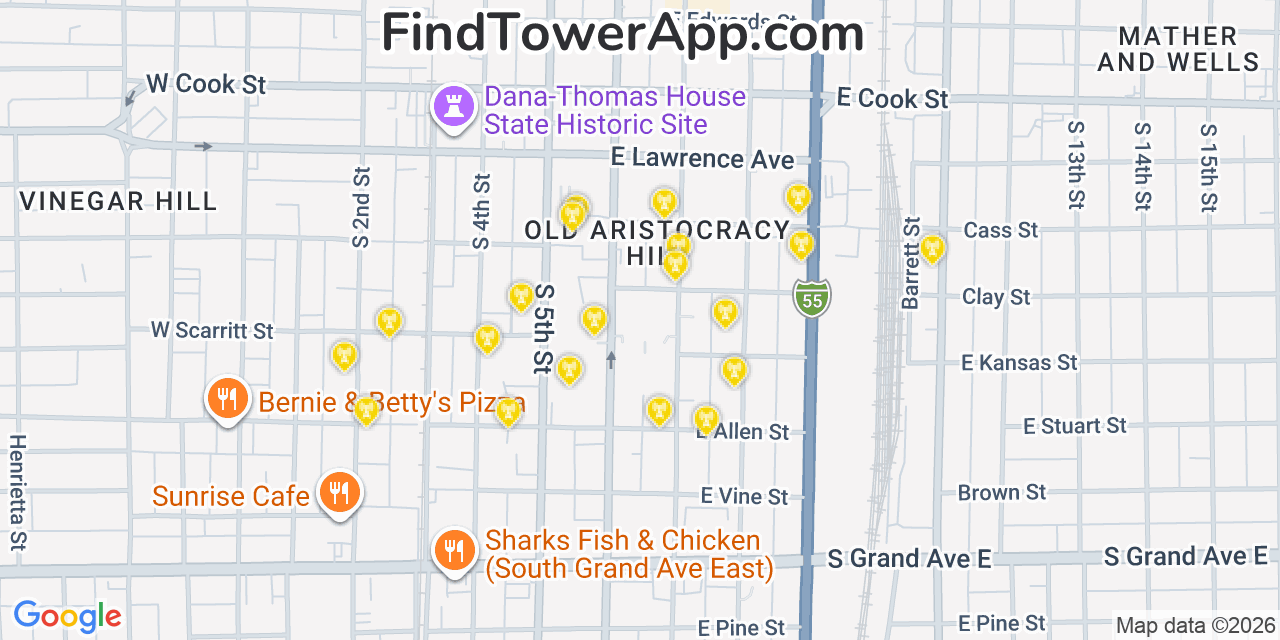 Map showing the 20 primary cell tower locations detected in Springfield, Illinois from AT&T, Verizon, and T-Mobile networks