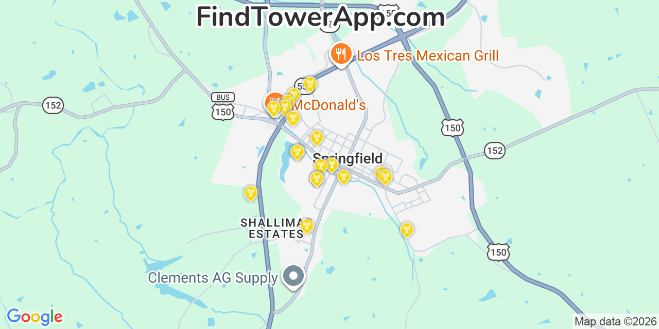 Map showing the 20 primary cell tower locations detected in Springfield, Kentucky from AT&T, Verizon, and T-Mobile networks