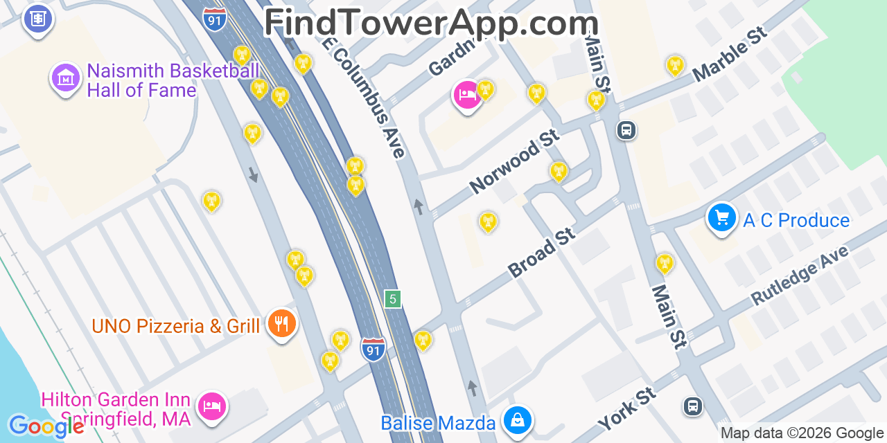 Map showing the 20 primary cell tower locations detected in Springfield, Massachusetts from AT&T, Verizon, and T-Mobile networks
