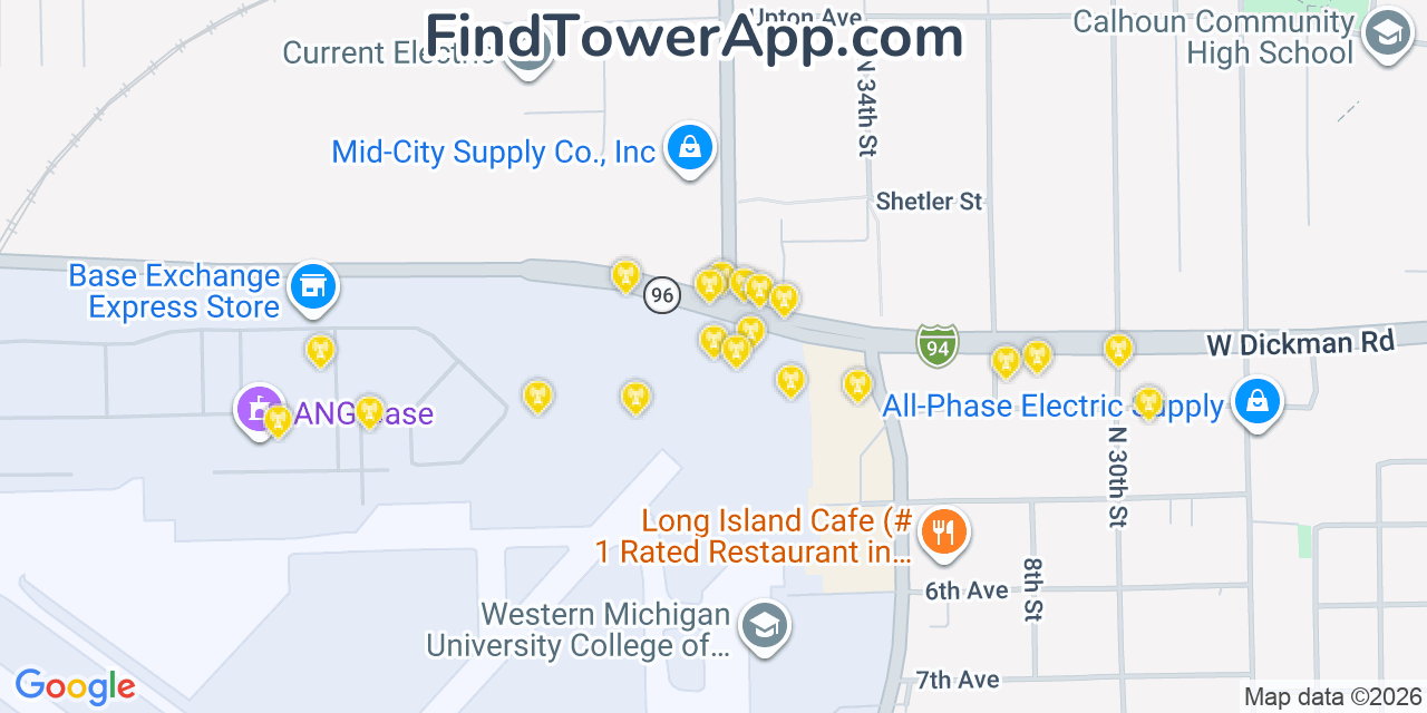 Map showing the 20 primary cell tower locations detected in Springfield, Michigan from AT&T, Verizon, and T-Mobile networks