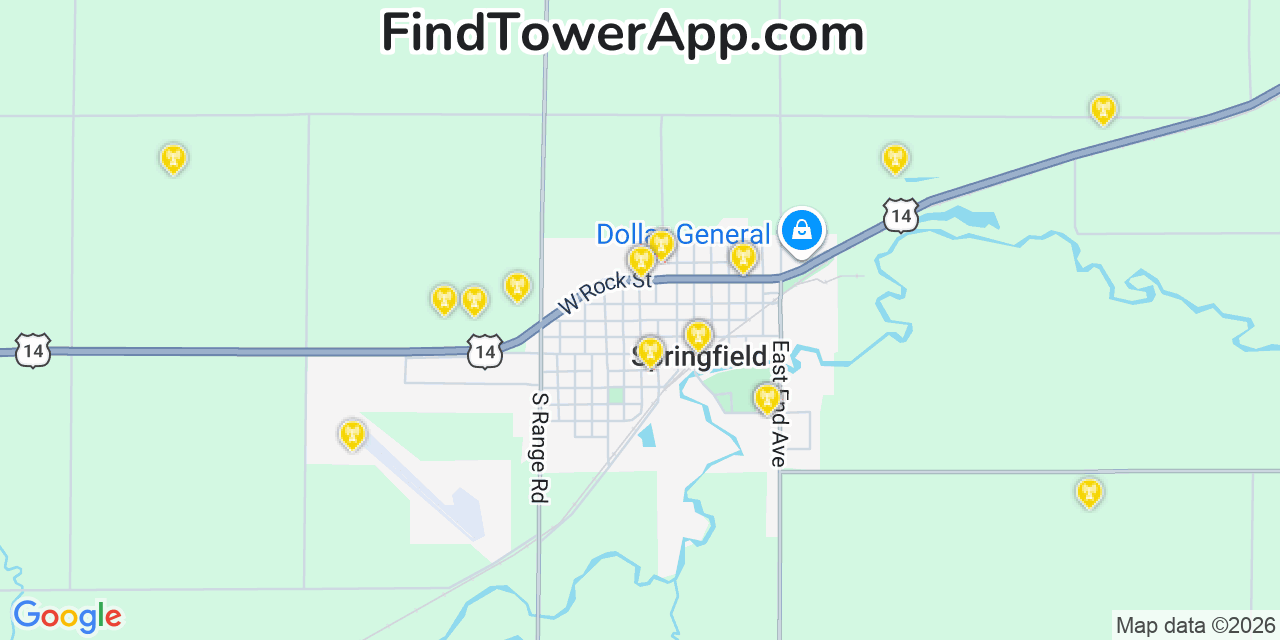 Map showing the 20 primary cell tower locations detected in Springfield, Minnesota from AT&T, Verizon, and T-Mobile networks