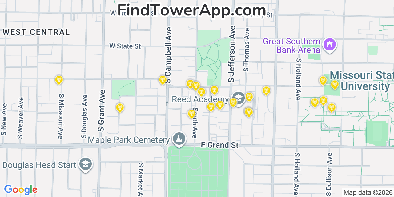 Map showing the 20 primary cell tower locations detected in Springfield, Missouri from AT&T, Verizon, and T-Mobile networks
