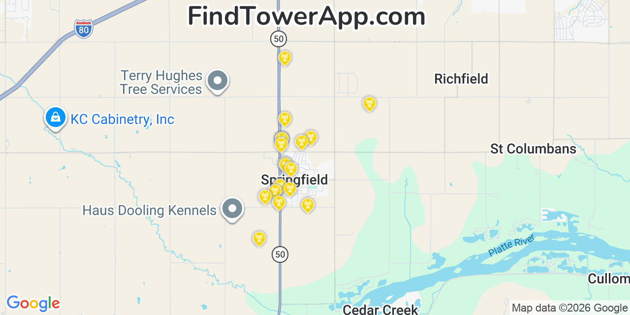 Map showing the 20 primary cell tower locations detected in Springfield, Nebraska from AT&T, Verizon, and T-Mobile networks